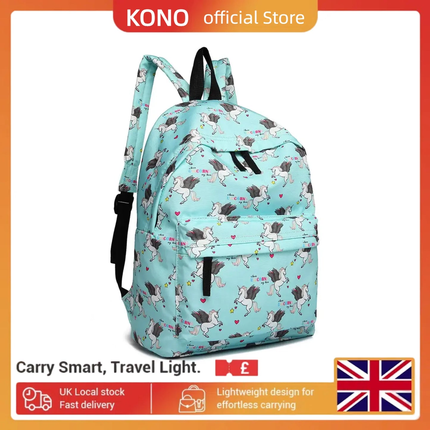Kono Kids' Unicorn Backpack - Canvas School Rucksack for Boys & Girls, Fashion Printed Bookbag for Teens