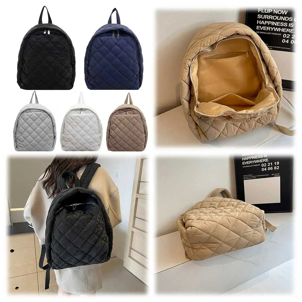 Puffer Bag for Women Men Quilted Bookbag Nylon Adjustable Strap Laptop Backpack Zipper Rucksack Travel Daypack