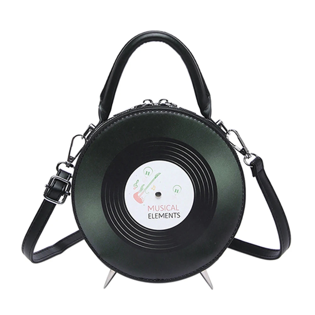 Women PU Record Shape Trendy Carrying Bag Adjustable Strap Creative Round Handbag Novelty Satchel Purse Outdoor Travel Bag