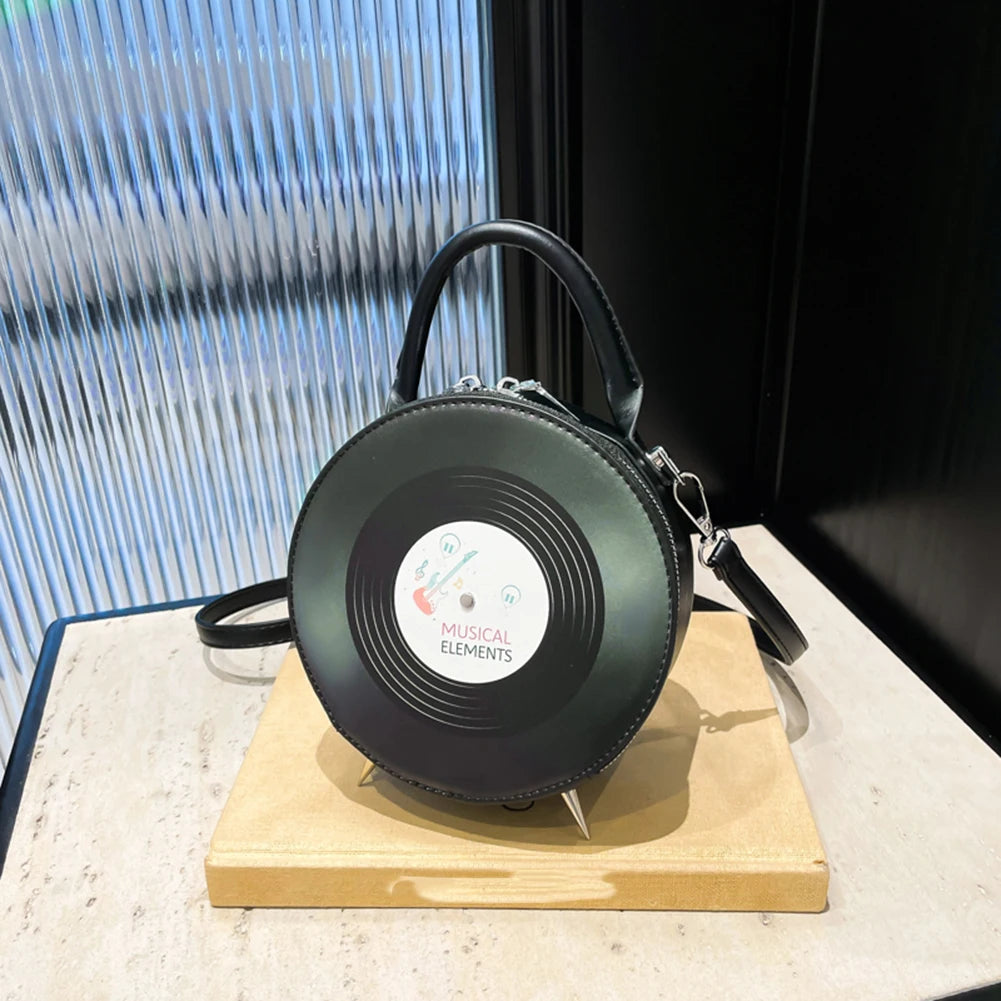 Women PU Record Shape Trendy Carrying Bag Adjustable Strap Creative Round Handbag Novelty Satchel Purse Outdoor Travel Bag