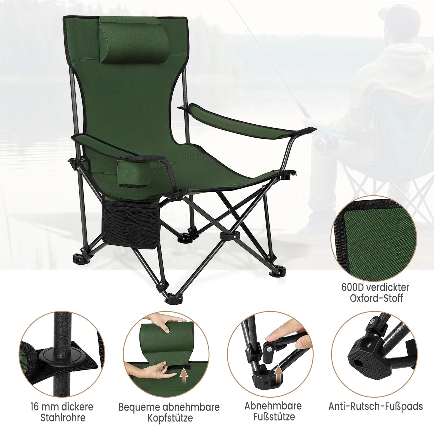 WOLTU Foldable Camping Fishing Chair Lightweight Deckchair Lounge Chair with Removable Headrest Retractable Footrest for Outdoor