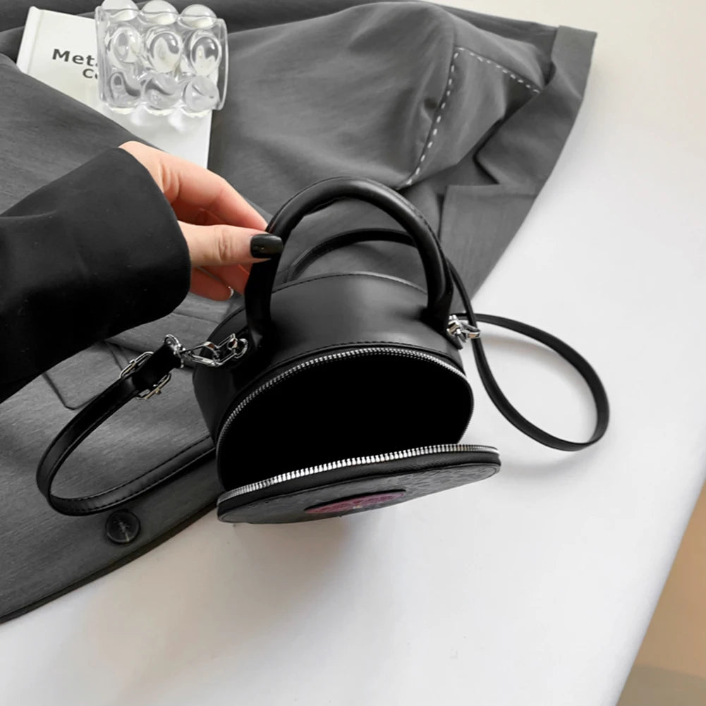 Women PU Record Shape Trendy Carrying Bag Adjustable Strap Creative Round Handbag Novelty Satchel Purse Outdoor Travel Bag