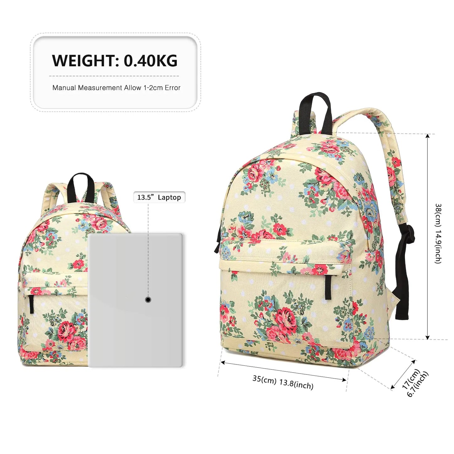 Kono Women's Floral Canvas Backpack - Stylish School Rucksack with Front Pocket, Polka Dot Print Bookbag for Teens