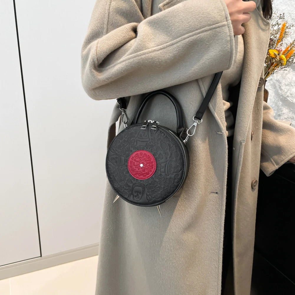 Women PU Record Shape Trendy Carrying Bag Adjustable Strap Creative Round Handbag Novelty Satchel Purse Outdoor Travel Bag