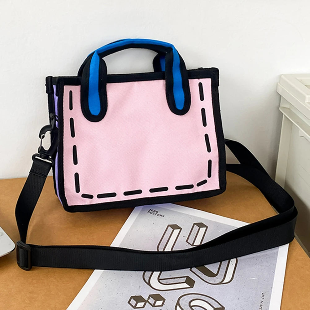 Women 2D Comic Shoulder Bag Novelty Summer Contrast Colors Fashion Adjustable Strap 3D Drawing Tote Girls 2023 New Trend Handbag