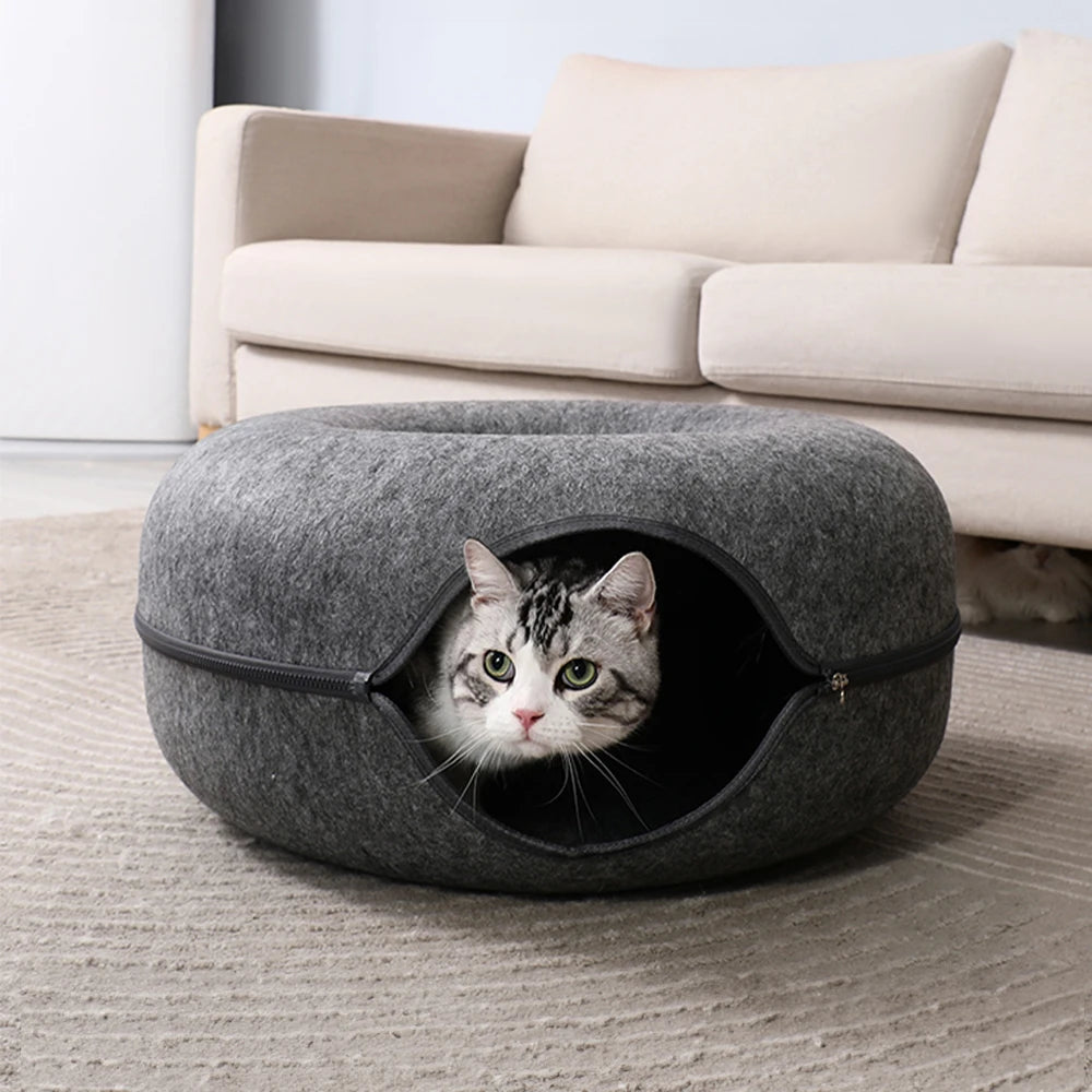 Tieker Donut Felt Cat Bed Round Tunnel Cat Interactive Bed, Small Pet Cave Bed, Indoor Pet Toy Training