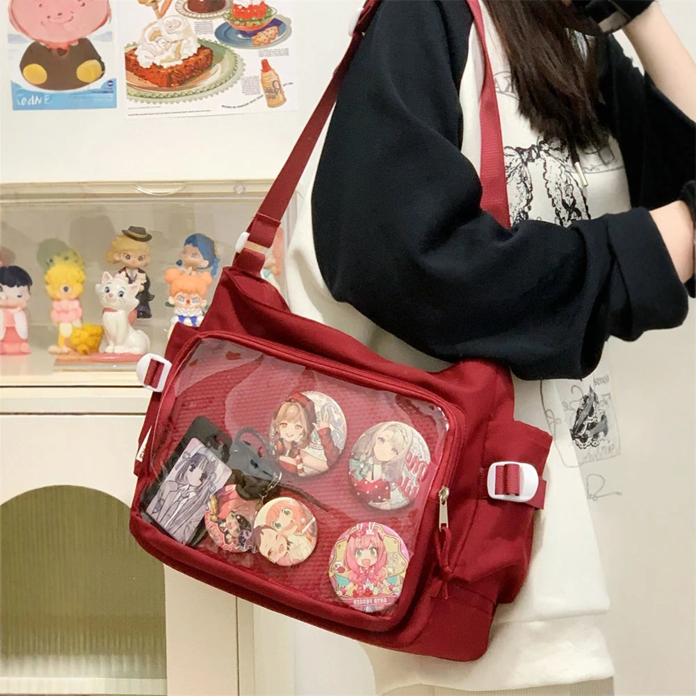 Women Ita Bag Japanese Style Shoulder Purse with Clear Window Cartoon Book Bag Multi-pockets Adjustable Strap Trendy Outdoor Bag
