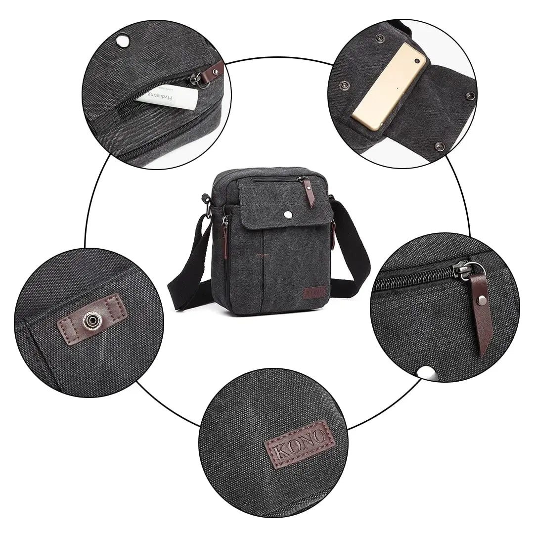Kono Men's Canvas Messenger Bag - Small Crossbody Shoulder Satchel with Multi-Pockets for Travel & Daily Use