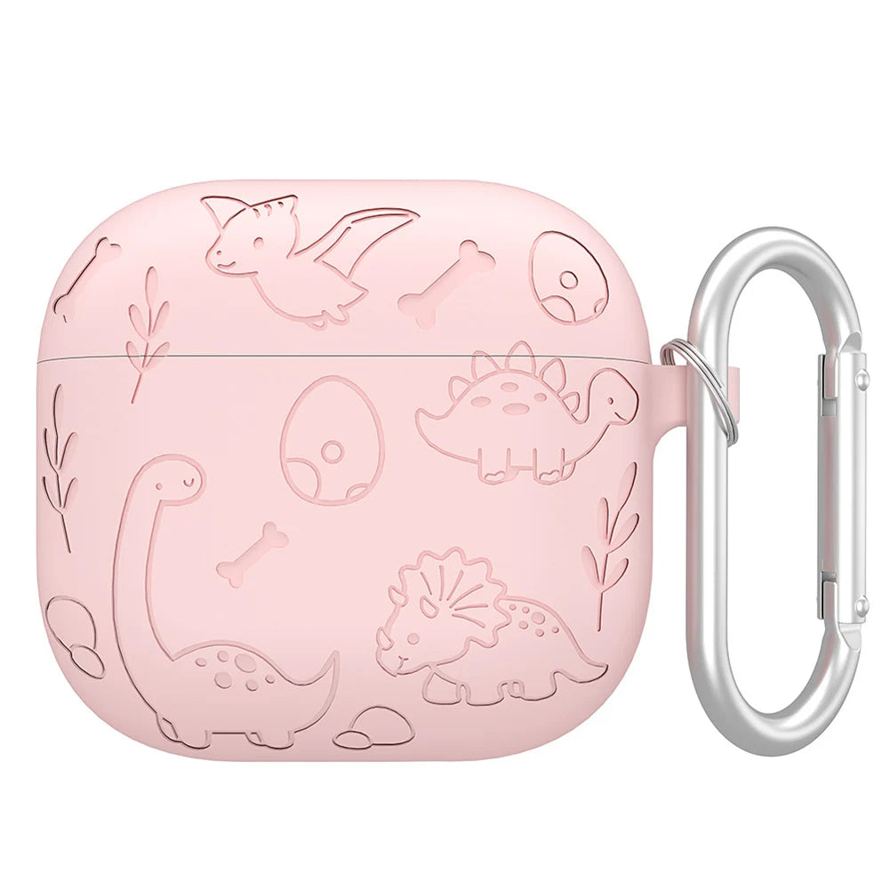 Silicone Case Protector with Carabiner Engraved Flower Dinosaur Case Soft Silicone Skin Protective Case for AirPods 4 Gen (2024)