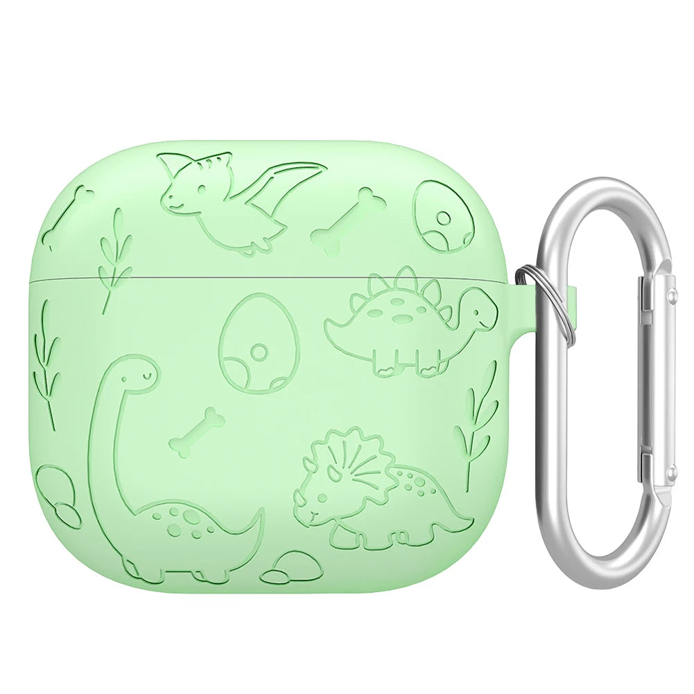 Silicone Case Protector with Carabiner Engraved Flower Dinosaur Case Soft Silicone Skin Protective Case for AirPods 4 Gen (2024)