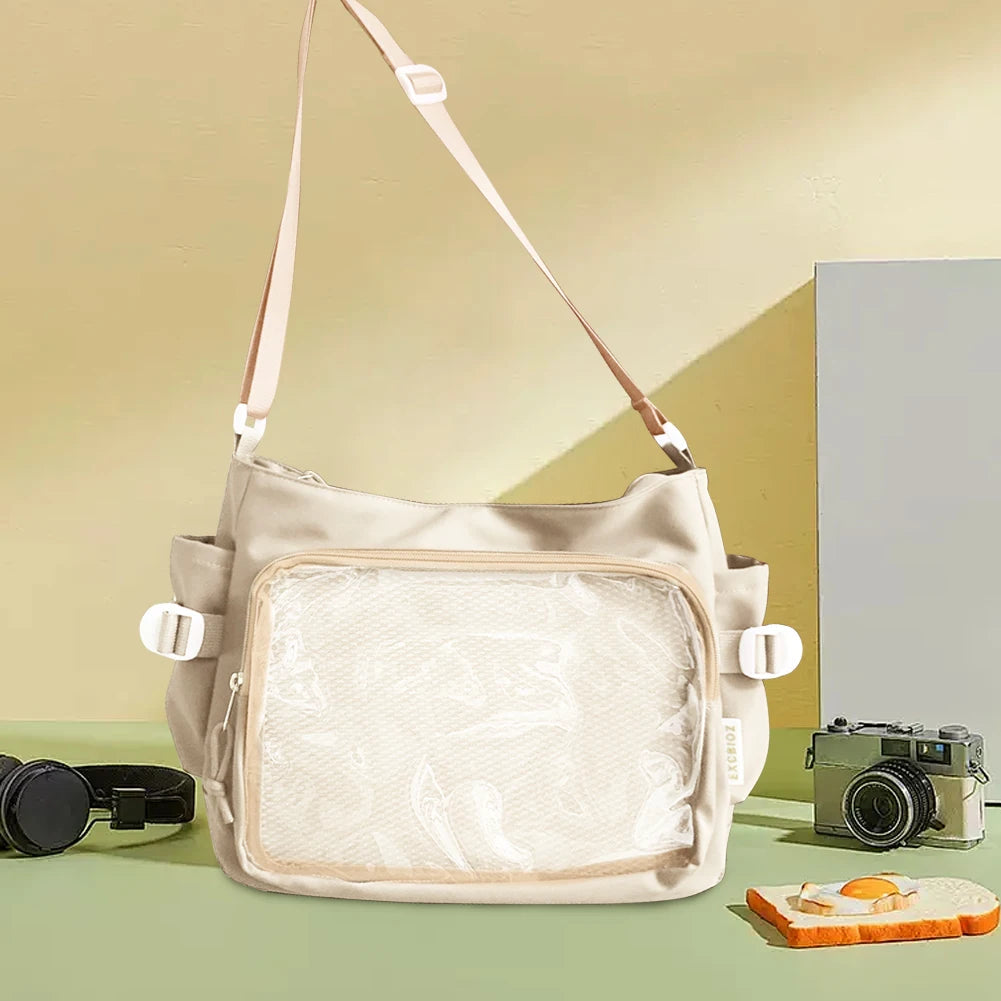 Women Ita Bag Japanese Style Shoulder Purse with Clear Window Cartoon Book Bag Multi-pockets Adjustable Strap Trendy Outdoor Bag