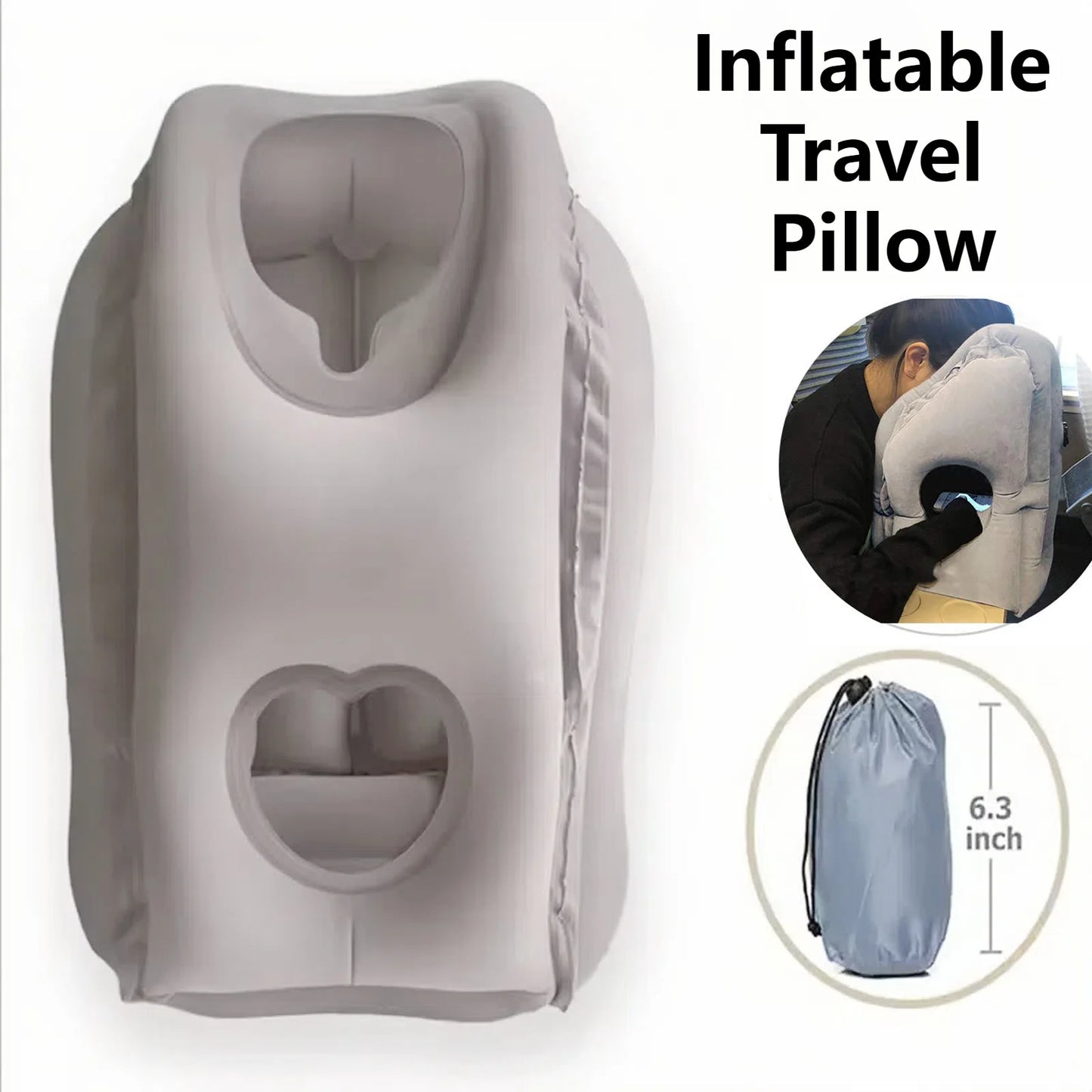 Portable inflatable travel pillow, headrest sleeping bag cushion, chin neck support, for outdoor airplane train office and home