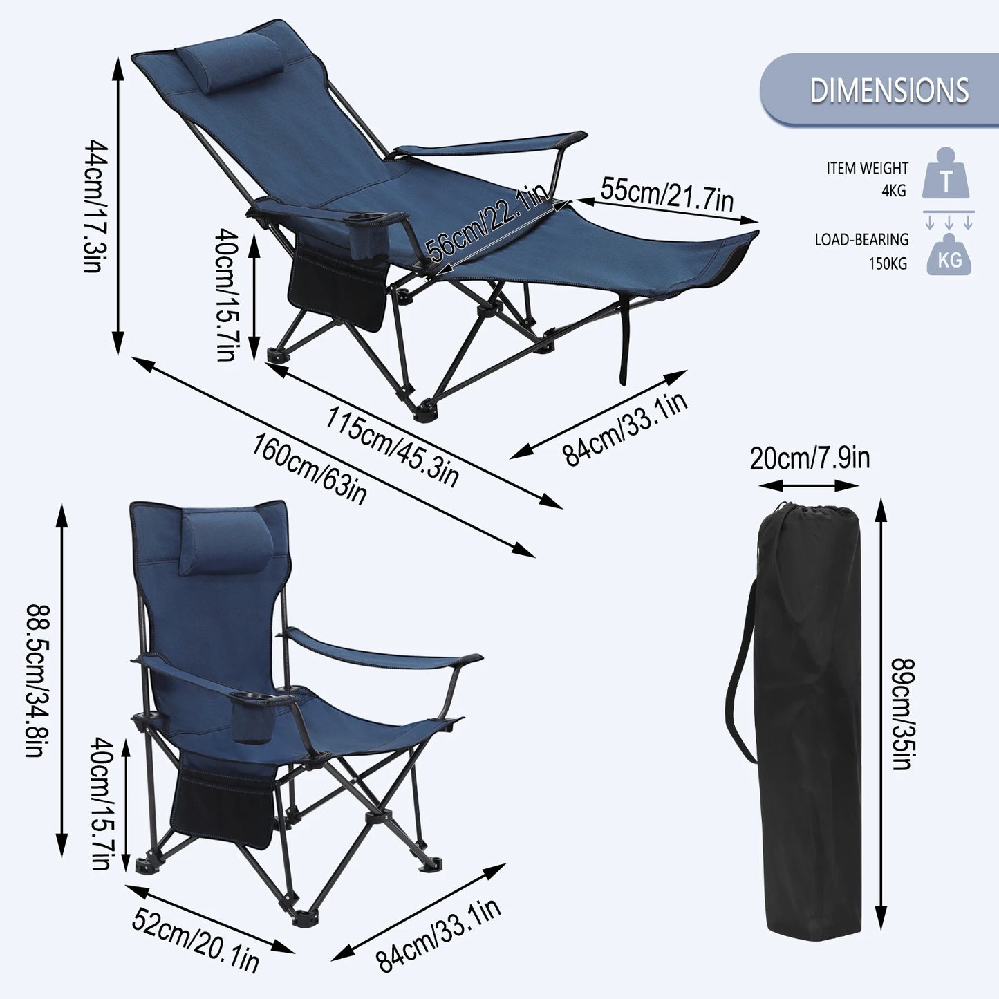 WOLTU Foldable Camping Fishing Chair Lightweight Deckchair Lounge Chair with Removable Headrest Retractable Footrest for Outdoor