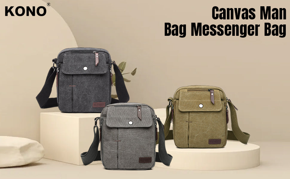 Kono Men's Canvas Messenger Bag - Small Crossbody Shoulder Satchel with Multi-Pockets for Travel & Daily Use