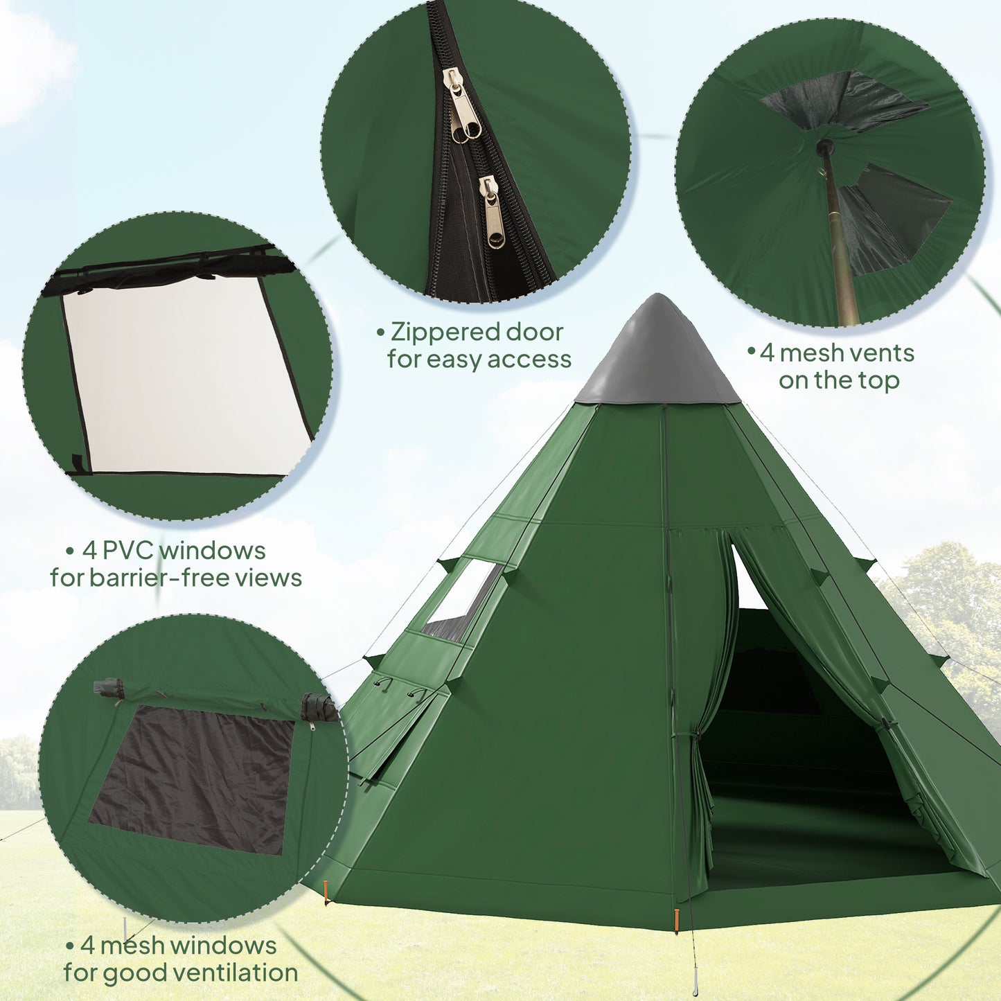 Outsunny 6 Men Tipi Tent, Camping Tent with Mesh Windows, Sewn-in Floor, Two Doors and Carry Bag, Easy Set Up, for Hiking
